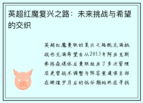 英超红魔复兴之路:未来挑战与希望的交织 英超红魔复兴之路:未来挑战与希望的交织